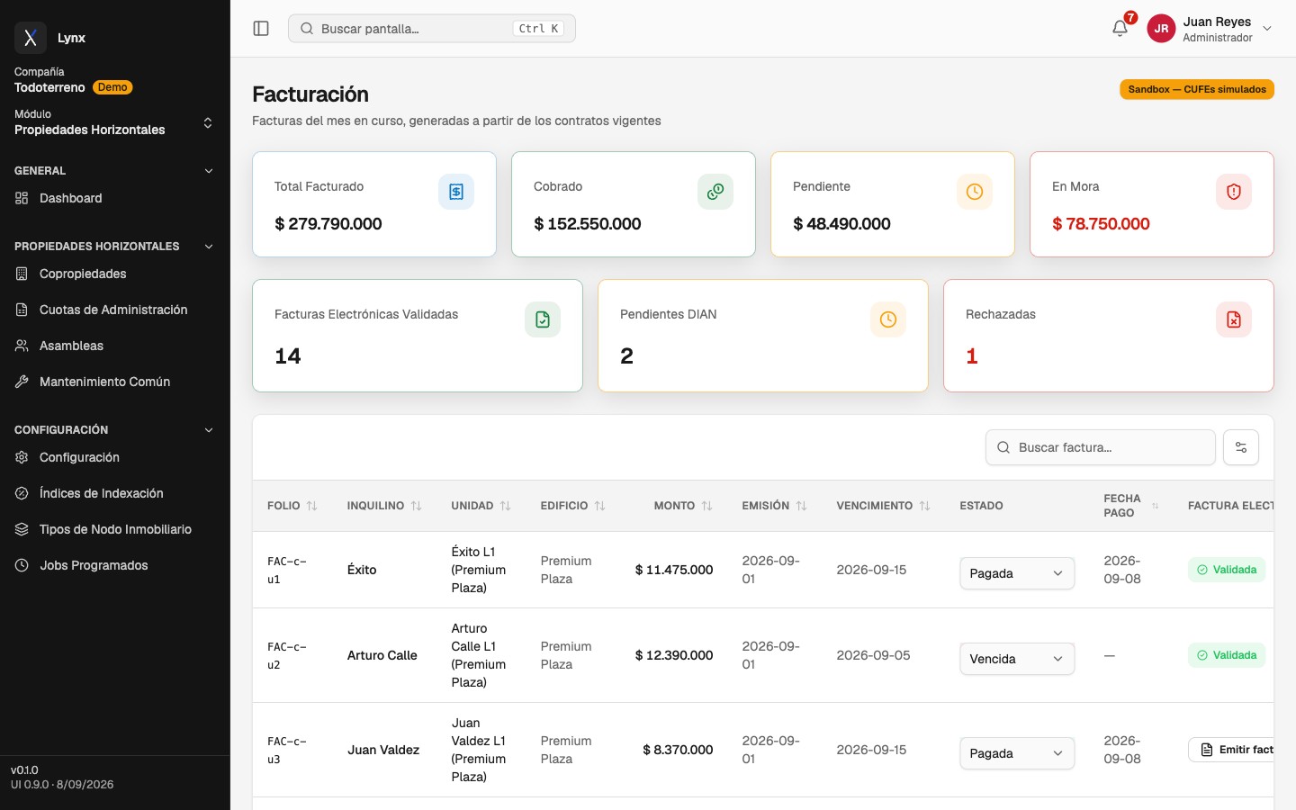 Lynx — Invoicing: From the current rent to the electronic invoice, with its DIAN status.